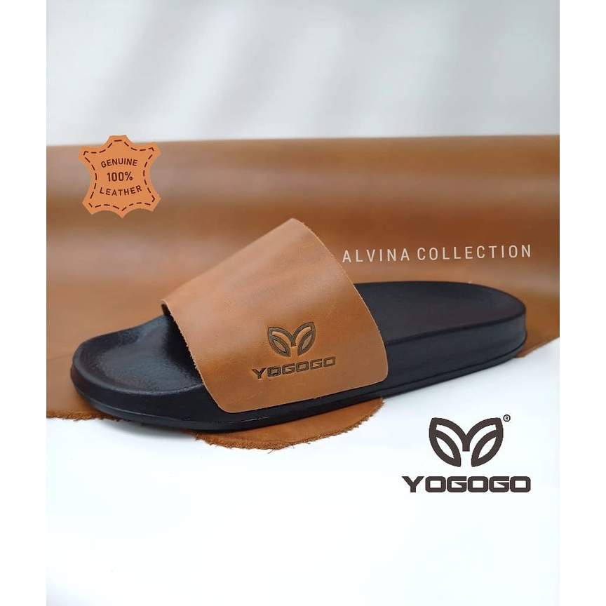 Sandal Slide/Sendal Slop Flip Flop Upper Kulit Asli Sole Phylon Empuk dan Ringan