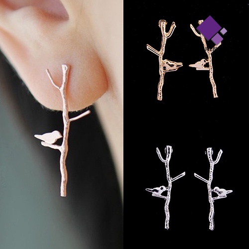 Anting Stud Desain Cabang Pohon Burung Bahan Alloy Untuk Wanita