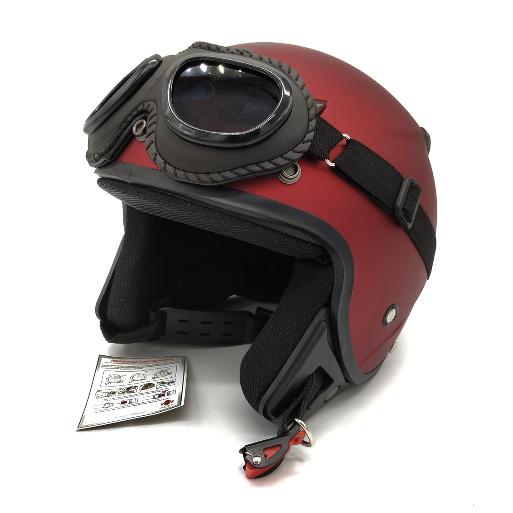 Helm JPN MOMO Retro Red Doff + Goggle One (Bogo / Vespa / Classic / Klasik)