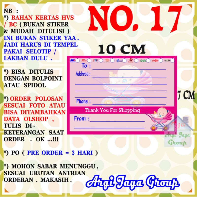 Label Pengiriman Alamat Olshop Murah Nomer 17 - 10x7cm - Kertas BC (Manila)