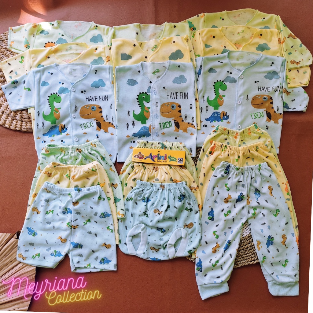 Paket Lengkap Hemat Kelahiran Baju Celana Bayi Baru Lahir Motip DINOSAURUS SNI 18 PCS