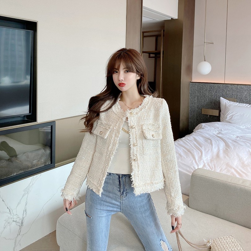 Suhao Elegan Mewah Tweed Mantel Pendek Wanita Musim Gugur/Musim Dingin Versi Korea Jaket Putih Santai Atasan