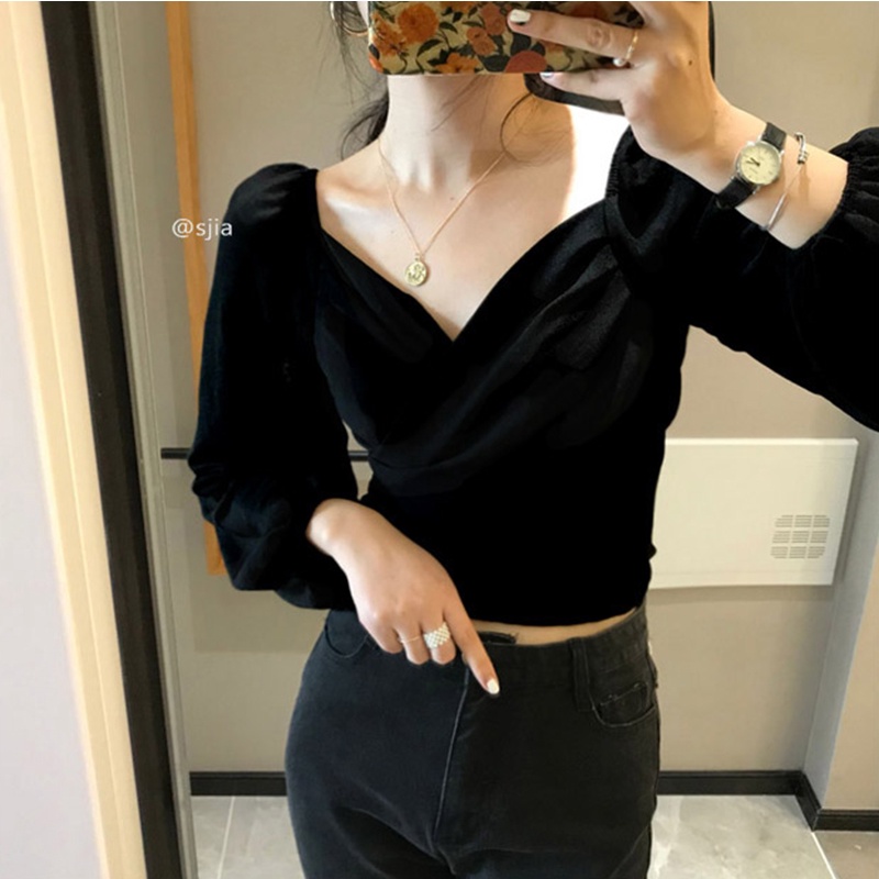 kemeja beludru wanita lengan panjang hitam Korean retro style Crop blouse Shirt
