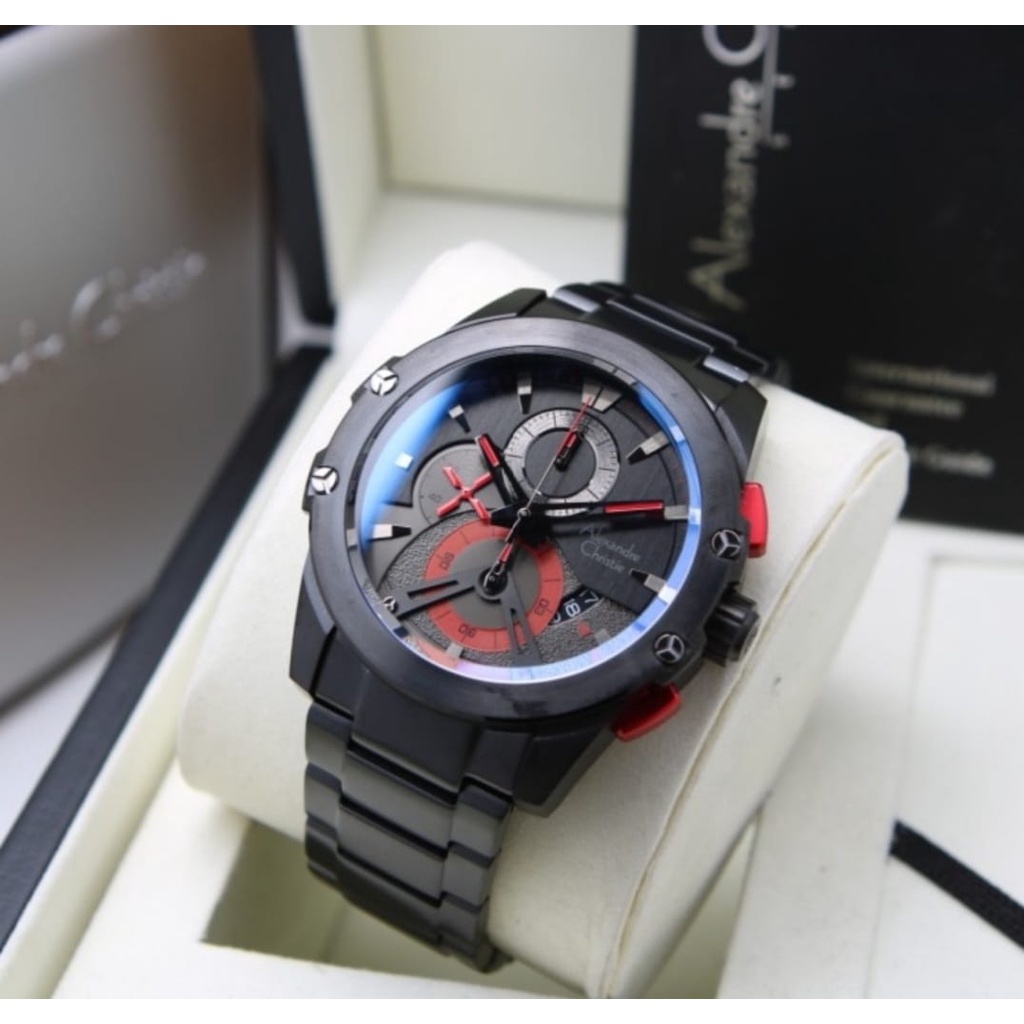 ALEXANDRE CHRISTIE ORIGINAL AC6607 BLACK RED PRIA STAINLESS STEEL GARANSI RESMI 1 TAHUN