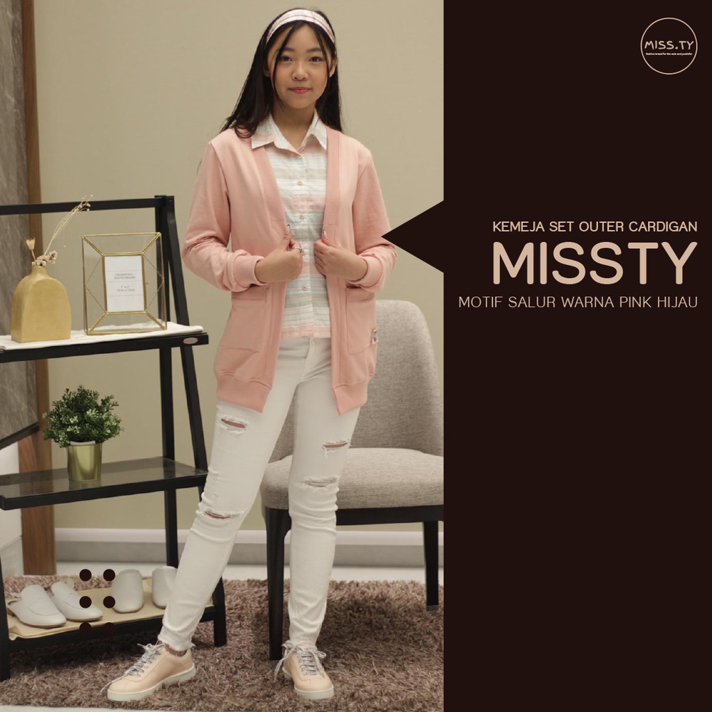 Kemeja Set Outer Cardigan Missty Motif Salur Warna Pink Hijau (Kalmia 133)