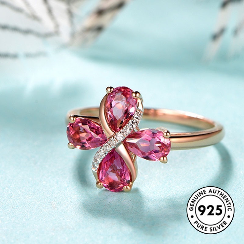 Cincin Sterling Silver 925 Model Tetesan Air Warna Rose Gold Untuk Wanita Ruby