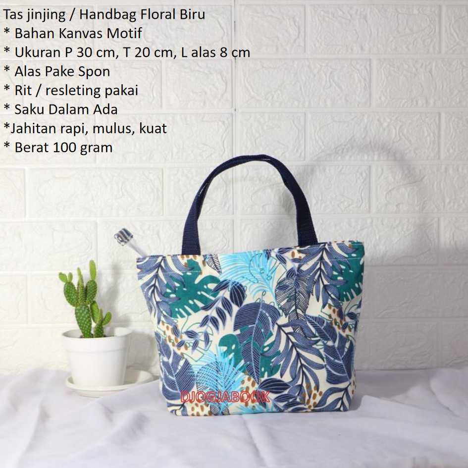 HANDBAG KANVAS TAS KANVAS KECIL MOTIF FLORAL BIRU. TAS JOGJA. SOUVENIR JOGJA. OLEH OLEH JOGJA. DJOGJ
