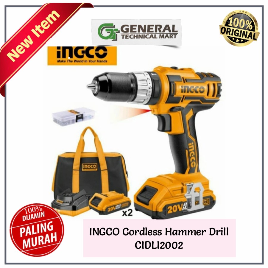 INGCO Cordless Hammer Drill CIDLI2002 BOR BATERAI BETON 10mm 20V Set