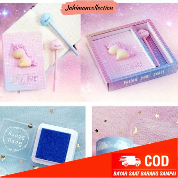 

✨ BISA COD ✨ Set Note Book Unicorn Buku Diary Pony Pen Stempel Kado Unik Lucu - Pulpen Biru