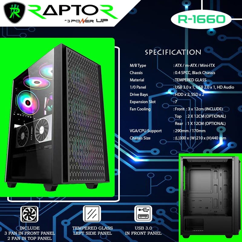 Casing Gaming Raptor 1660 free 3 Fan RGB