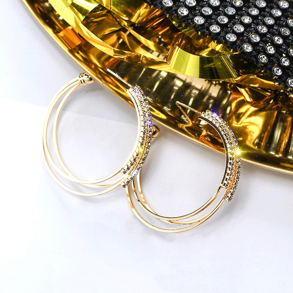 Anting Hoop Berlian Imitasi Tiga Lapis Bentuk Lingkaran Untuk Wanita