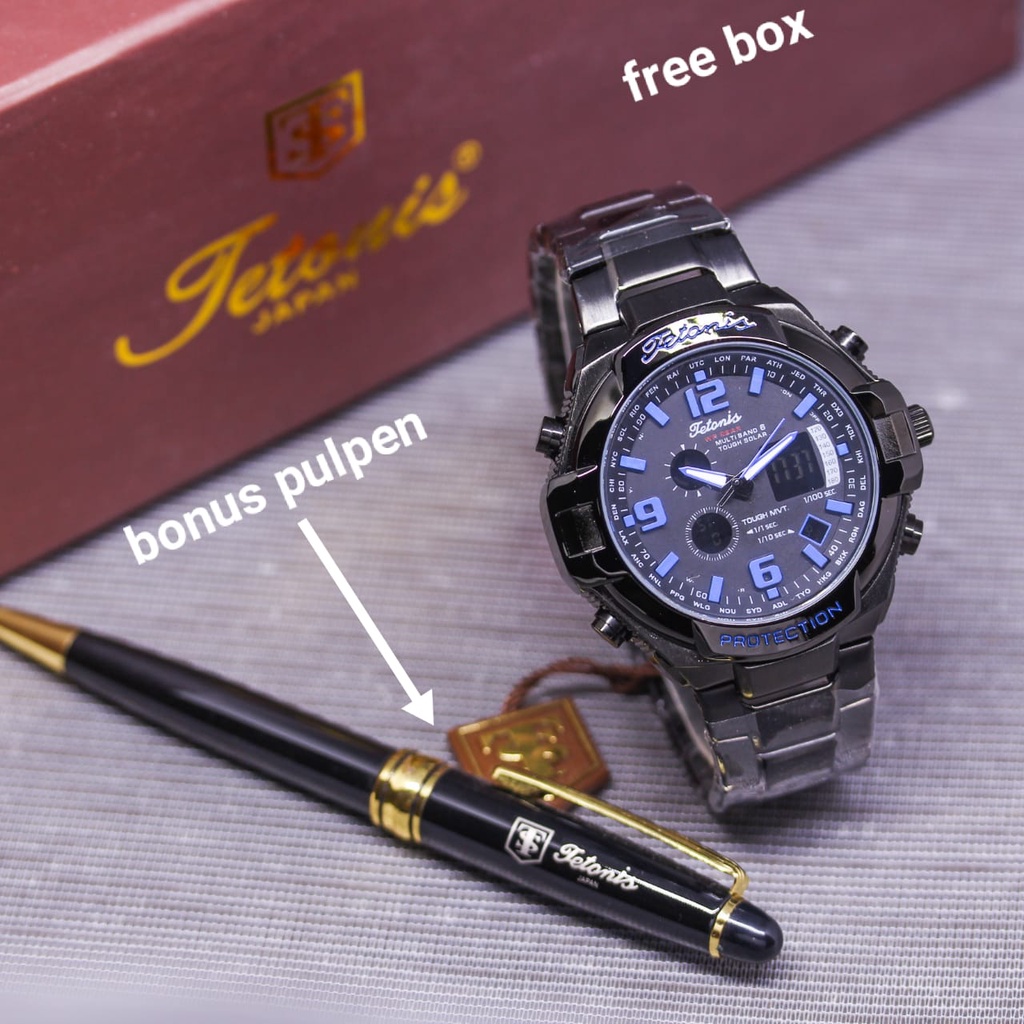 Jam Tangan Pria Tetonis Original E51653V Dual Time Tali Rantai Tanggal Hari Aktif Free Box Exclusive Pulpen &amp; Baterai