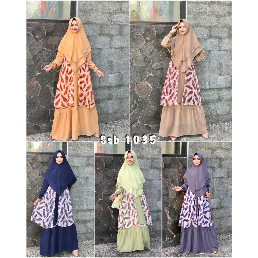 Gamis ceruty babydoll INARA set khimar motif printing outer bisa dilepas busana wanita muslim style terkini terbaru