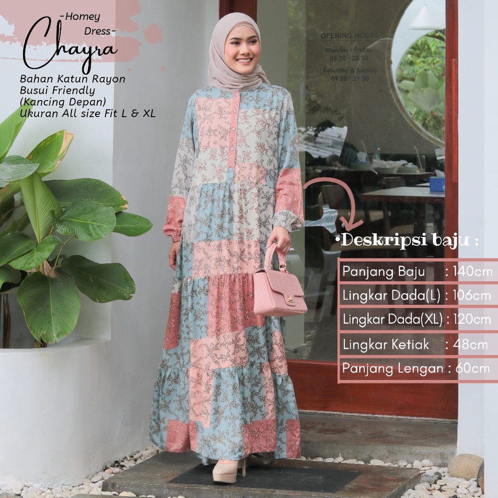 Gamis Dewasa Motif Daun - Homey Dress Chayra Jumbo Ukuran XL LD 120 - Bahan Katun Rayon Premium - Gamis Dewasa Jumbo