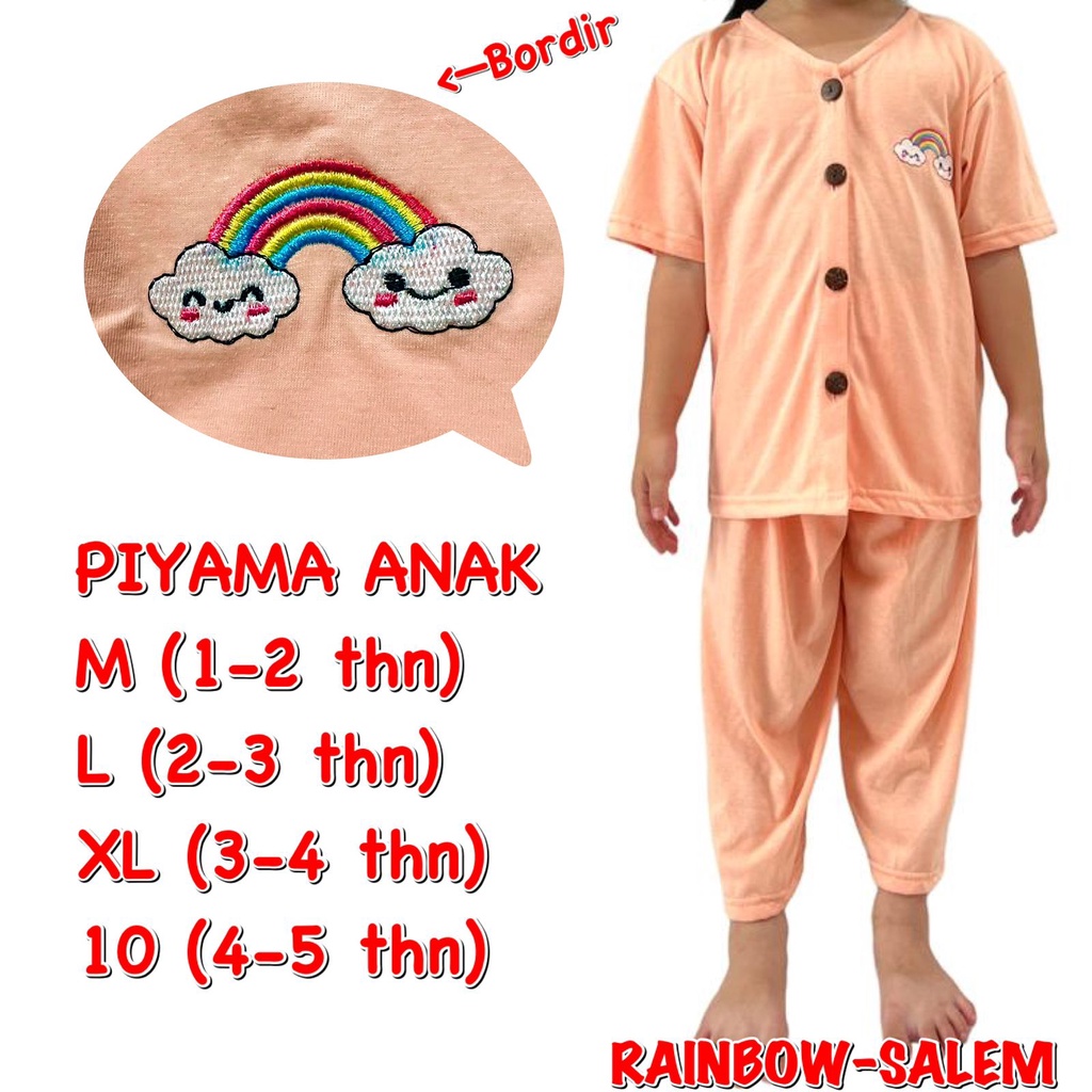 (1 KG MUAT 6 STEL) BAJU TIDUR ANAK KIDS PEREMPUAN/CEWEK SETELAN/STELAN BAHAN KAOS KATUN CP KANCING BORDIR RAINBOW SALEM