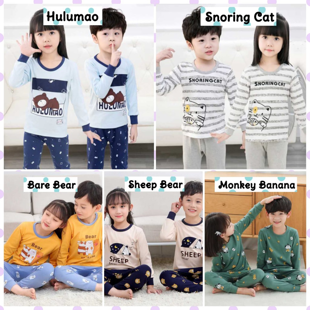 Baju Tidur Anak Anak Couple Lengan Panjang / Setelan Piyama Anak Perempuan Laki Laki Katun Impor