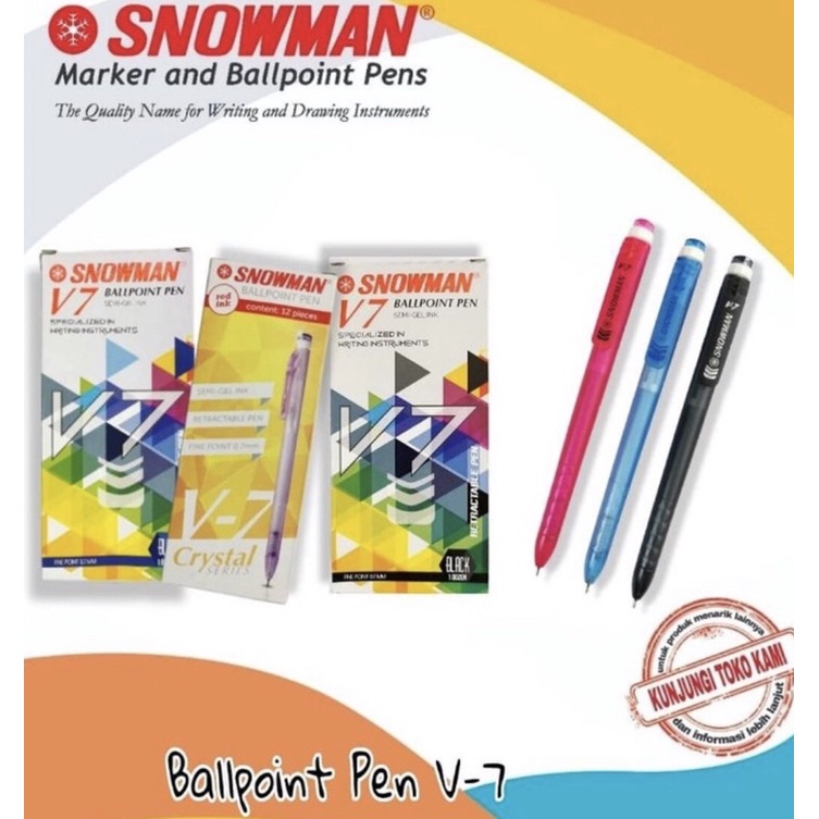 

BULPOINT SNOWMAN CETEKAN V-7 HITAM / V-7 BIRU / V-7 MERAH ( Isi 12 biji )