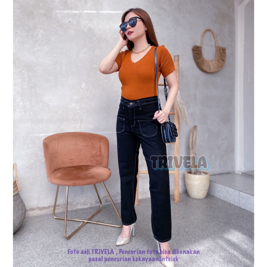 TRIVELA - Berry Pocket Boyfie Hitam 27-34 / Boyfriend Jeans Wanita / Boyfriend Hitam