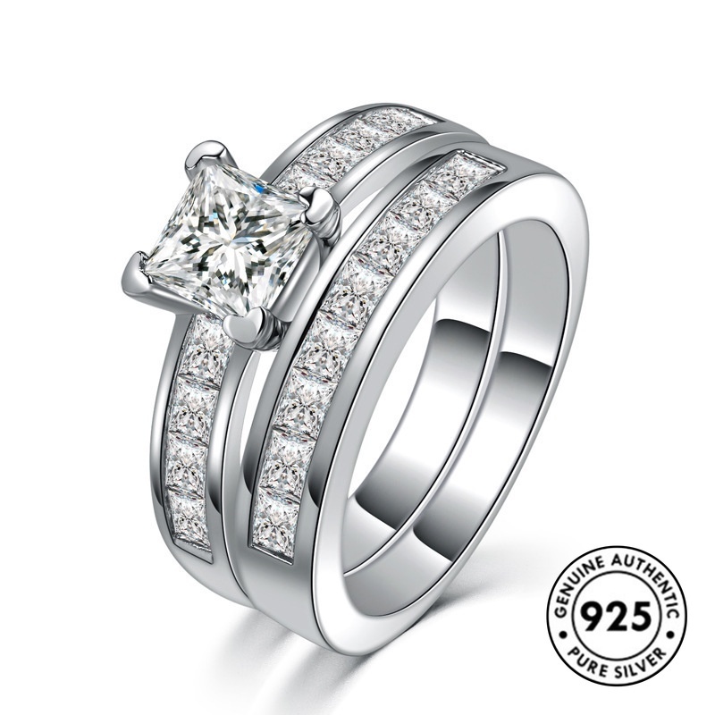 Set Cincin Berlian Lapis Ganda Bahan S925 Silver Untuk Wanita