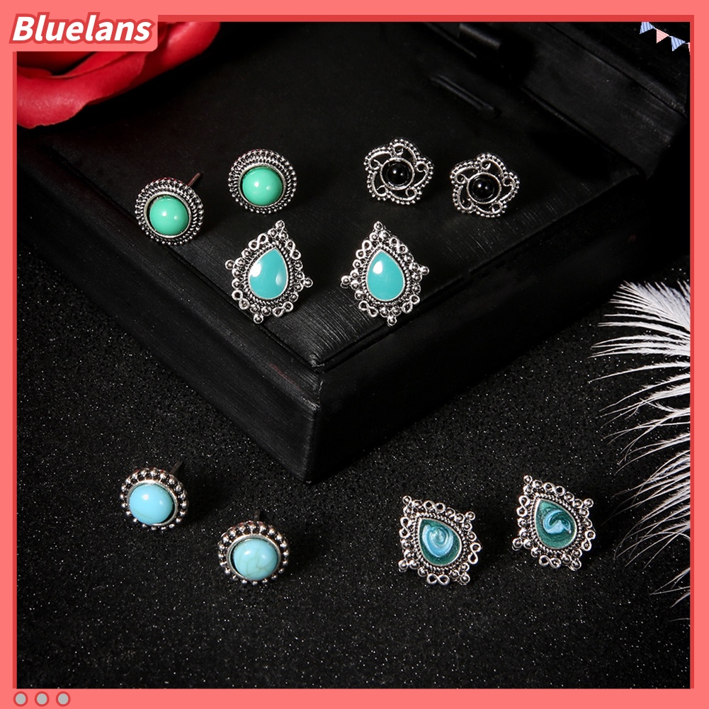 Bluelans 5 Pasang Anting Tusuk Gantung Desain Bunga Hias Turquoise Imitasi Gaya Bohemian Untuk Wanita