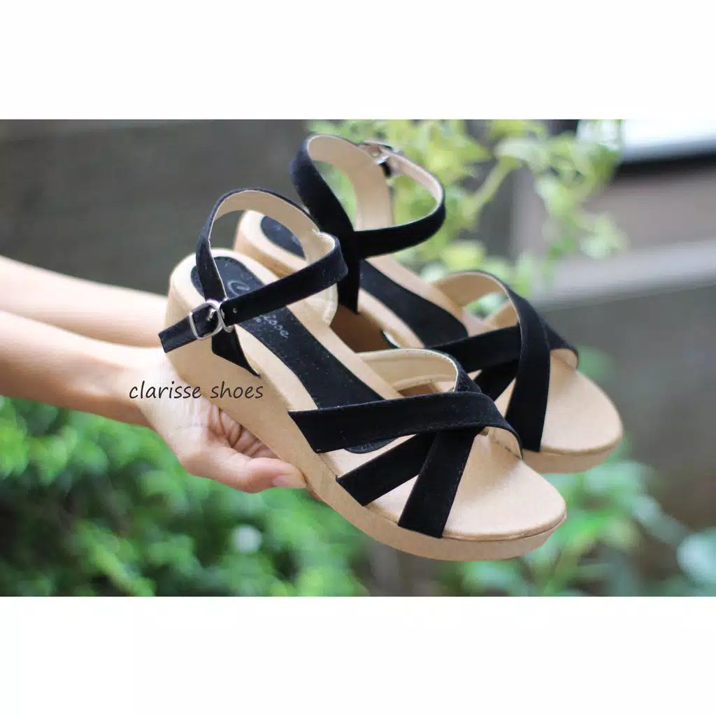CS JOG Clarisse Wedges Wanita KIRANA REALPICT  5cm Tali Silang Krem Hitam Black Cream-2
