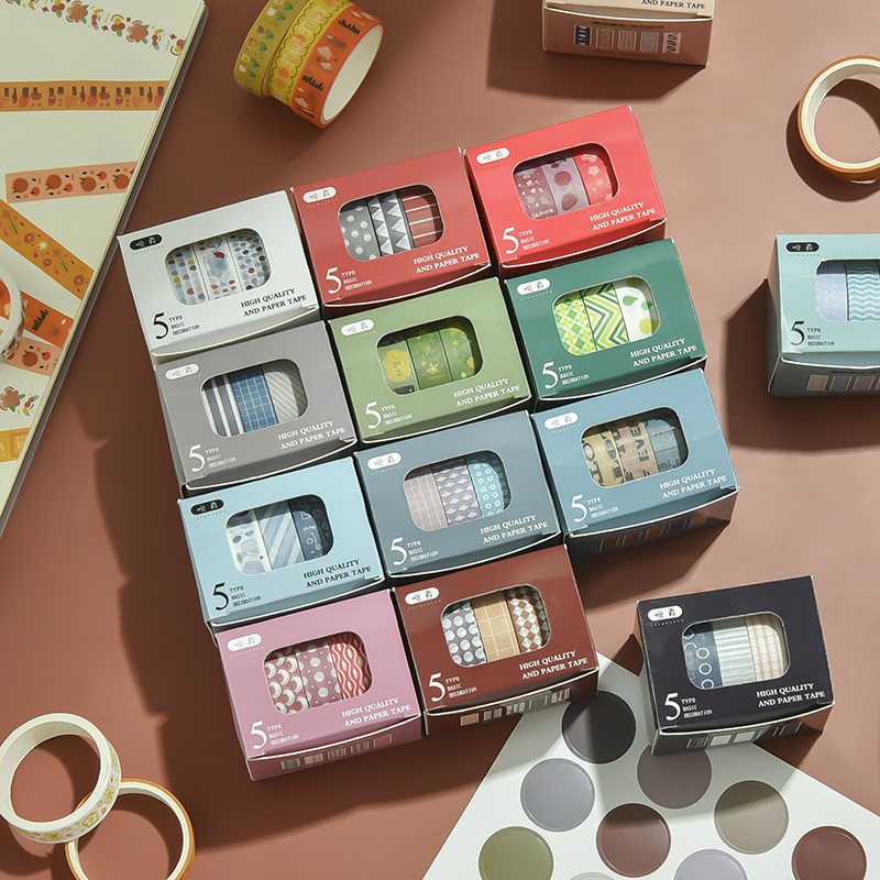 

[LBS] 5 Rolls Masking Tape Set Basic Pattern Washi Tape DIY Scrapbooking Journal