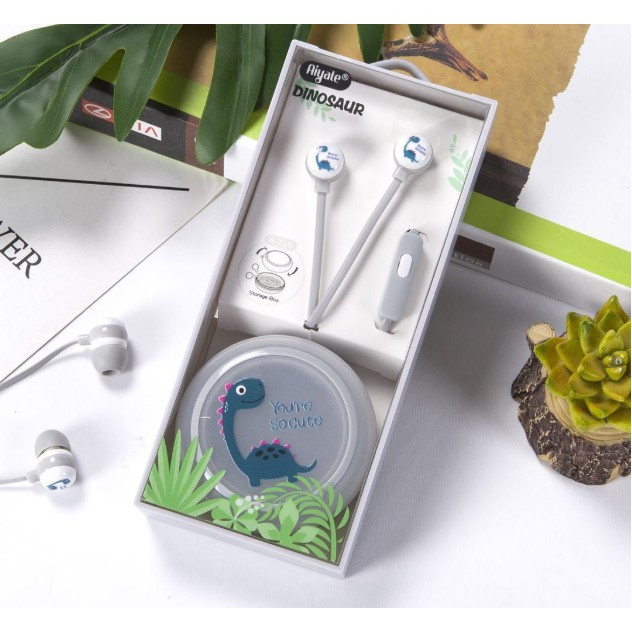 [A-114] Set Headset Earphone Kartun DINOSAUR / Wadah Earphone Bulat Motif Karakter DINOSAURUS Lucu