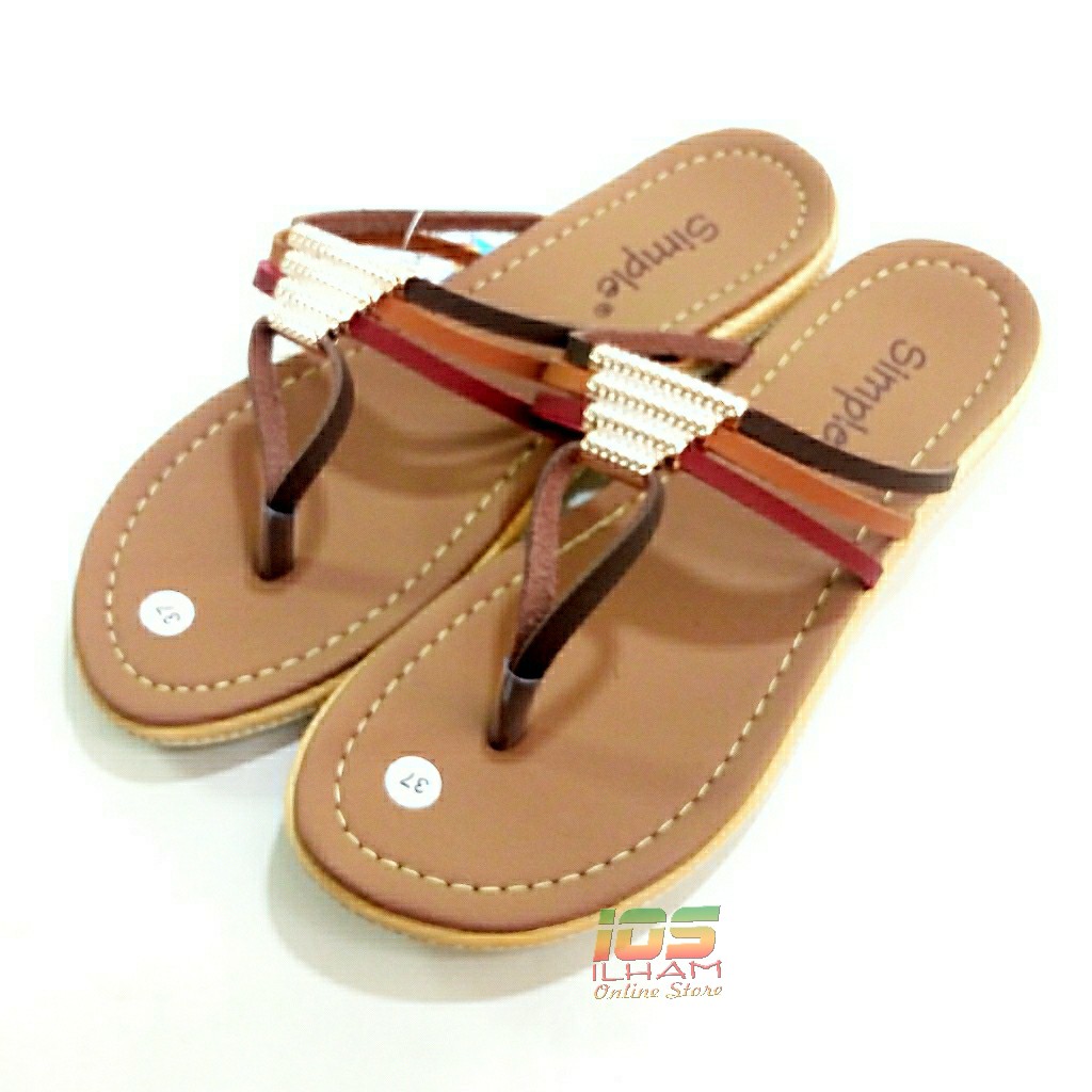Sandal Wanita Jepit Flat Simple 3 Tali Hak 2cm Size 37-40 Coklat