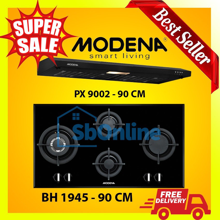 MODENA Paket Kompor Tanam 4 Tungku 90 cm dan Cooker Hood 90 cm - BH 1945 &amp; PX 9002