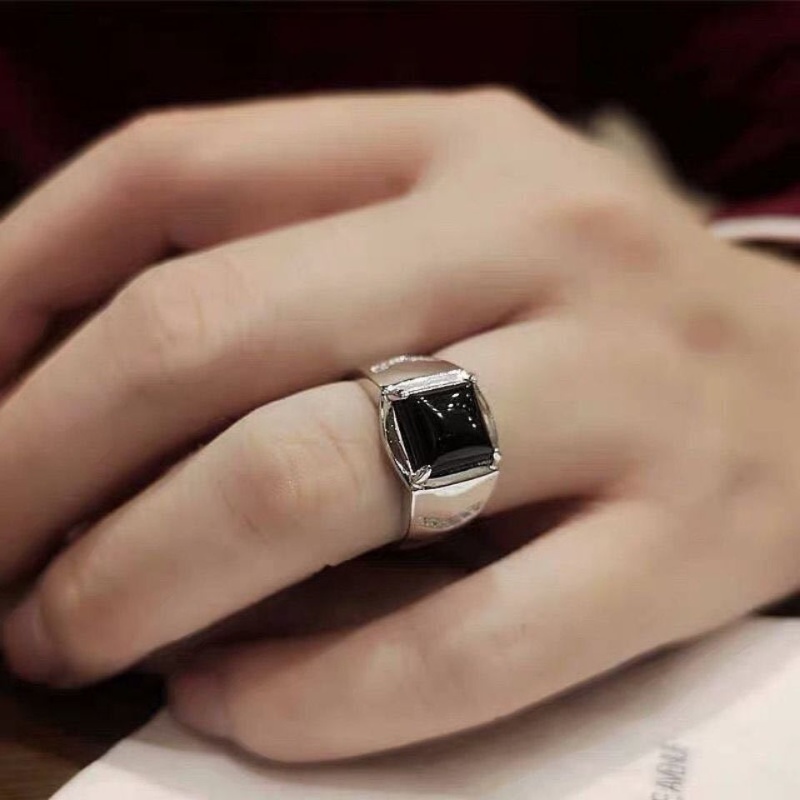 Cincin Jari Onyx Hitam Perak Dapat Disesuaikan Untuk Hadiah Pacar