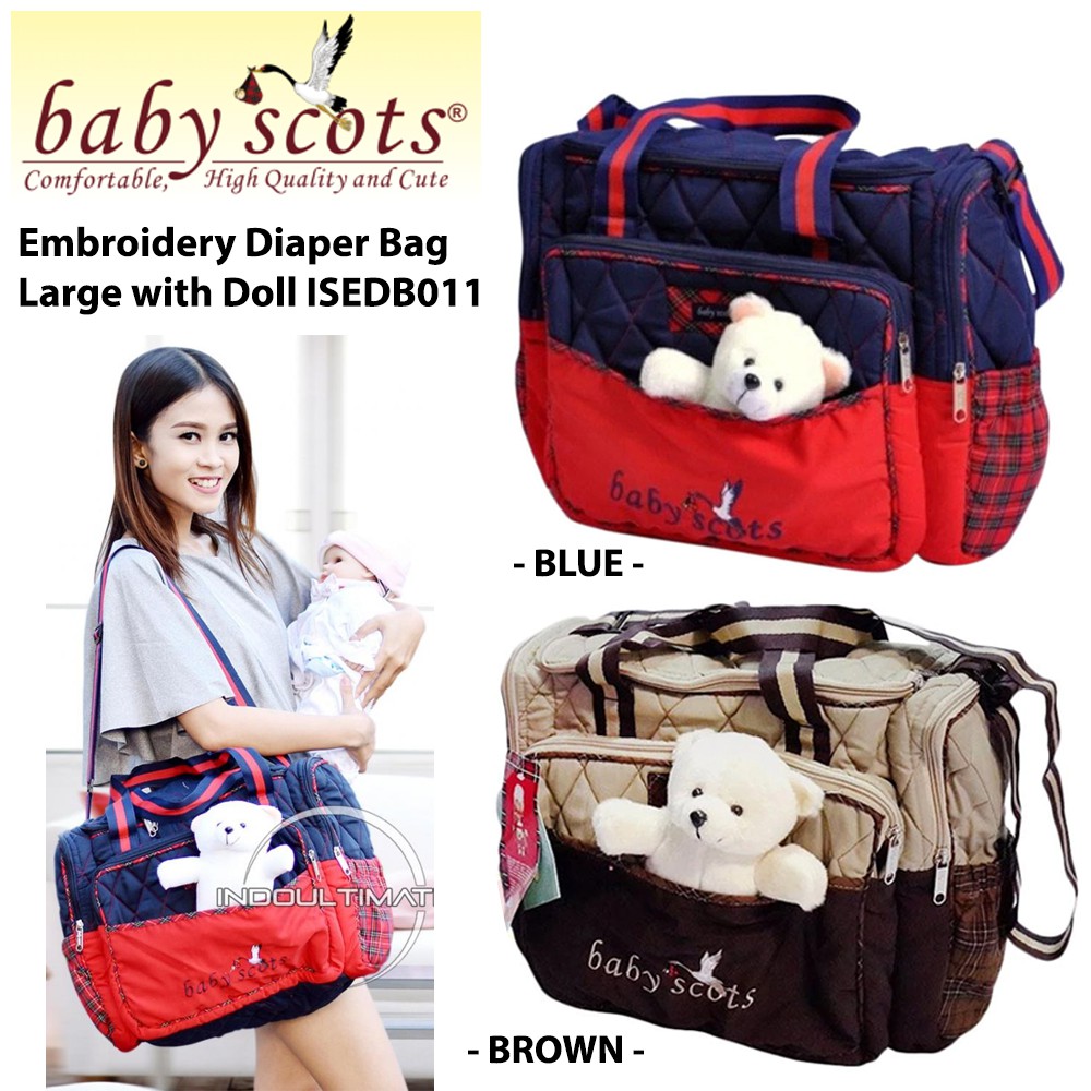 Tas Baby Scots Embroidery Diaper Bag Large with Bear Doll ISEDB011 Tas Bayi Perlengkapan Bayi