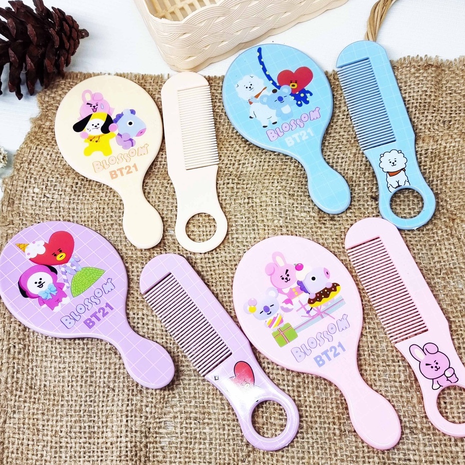 CERMIN KACA RIAS + SISIR GAGANG MINI SET PORTABLE MOTIF KARTUN KPOP LUCU / CERMIN PORTABLE / CERMIN GAGANG