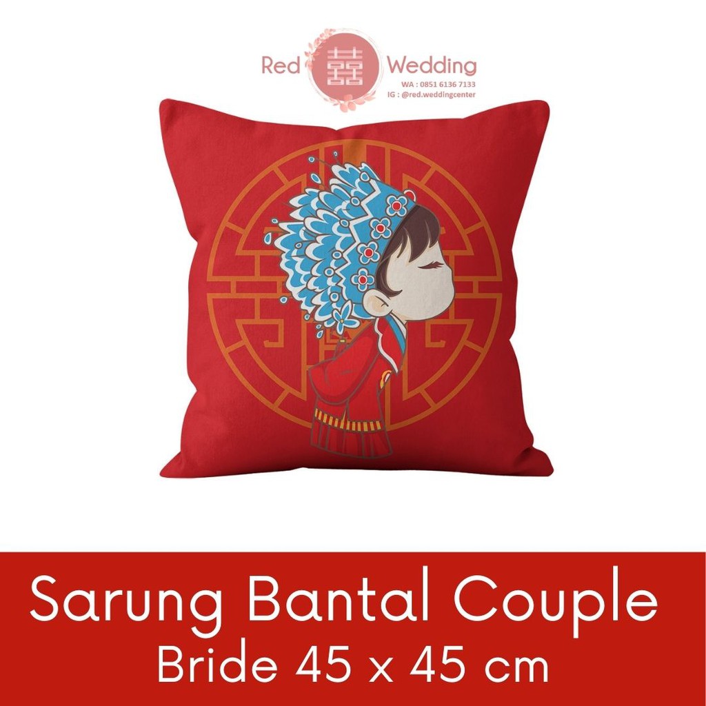 [SET COUPLE] Sarung Bantal Bahan Tebal Soft Sofa Merah Tema Wedding Shuang Xi Couple Lucu