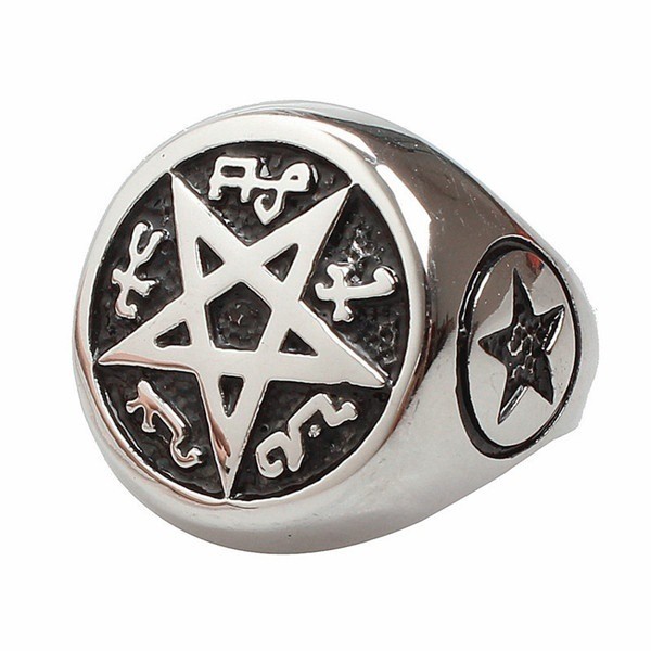 SEUSUK  Vintage Punk Satanism Inverted Pentagram Satanic Imagery Polished Mens Ring