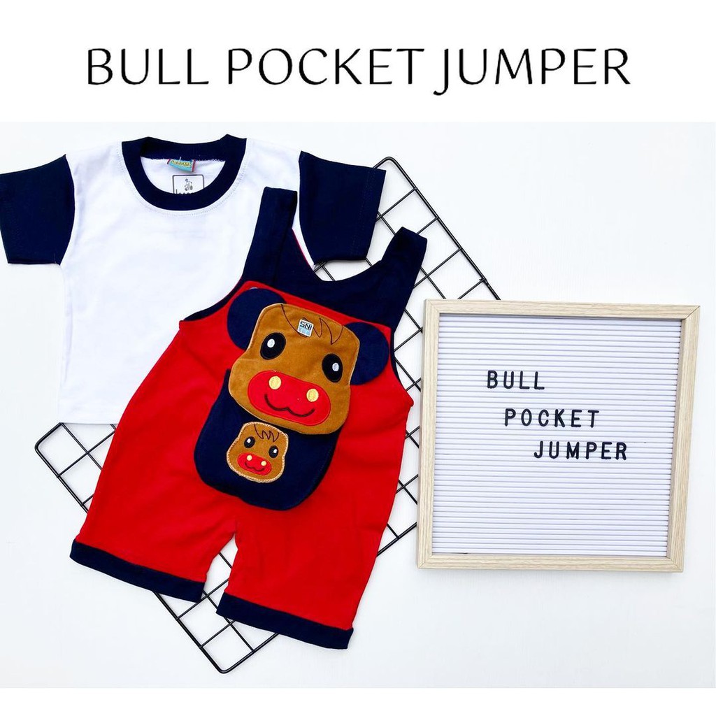 Bull / Jerry Pocket Baju Jumper Kaos Overall Pergi Jalan Lucu Fashion Anak Bayi Cowok Laki Terlaris Lucu