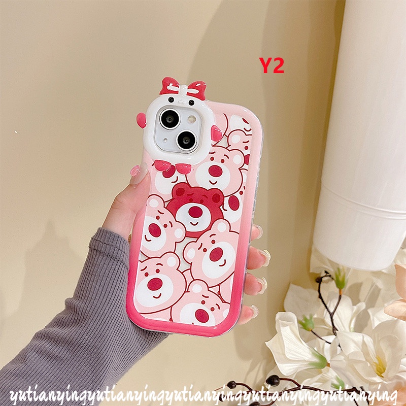 Kartun Strawberry Bear Manyo Couple Case Oppo A17 A96 A57 2022 A16 A5 A9 A54 A3s A7 A5s A12 A53 A17K A74 A95 A16K A52 Reno 4F 5F 5 7 A76 A15 A55 A31 A15S A16s 3D Monster Cover