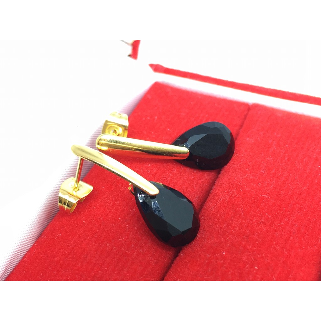 Anting Stainless Steel Lapis Emas 18k Gold Batu Hitam Teardrop BE124H