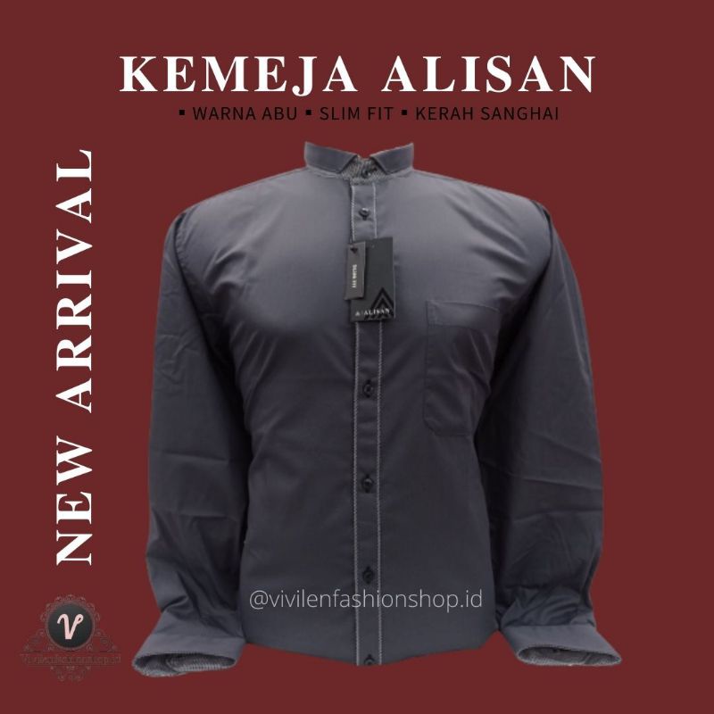 Kemeja Alisan Kerah Sanghai/Kerah Koko Slim Fit Lengan Panjang