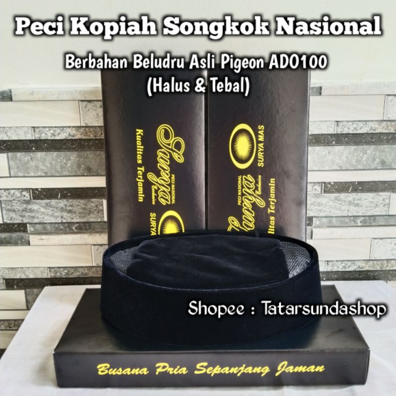 SURYA MAS PECI SONGKOK KOPIAH HITAM POLOS AC TINGGI 7CM BELUDRU ASLI PIGEON TEBAL HALUS ORIGINAL MOTIF MANIS BHS AWING MANIS