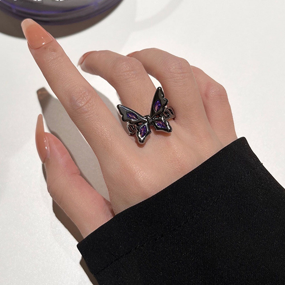 Cincin Wanita Model Terbuka Desain Kupu-Kupu Hias Kristal Ungu Gaya Gothicvintagekorea Adjustable Untuk Pesta