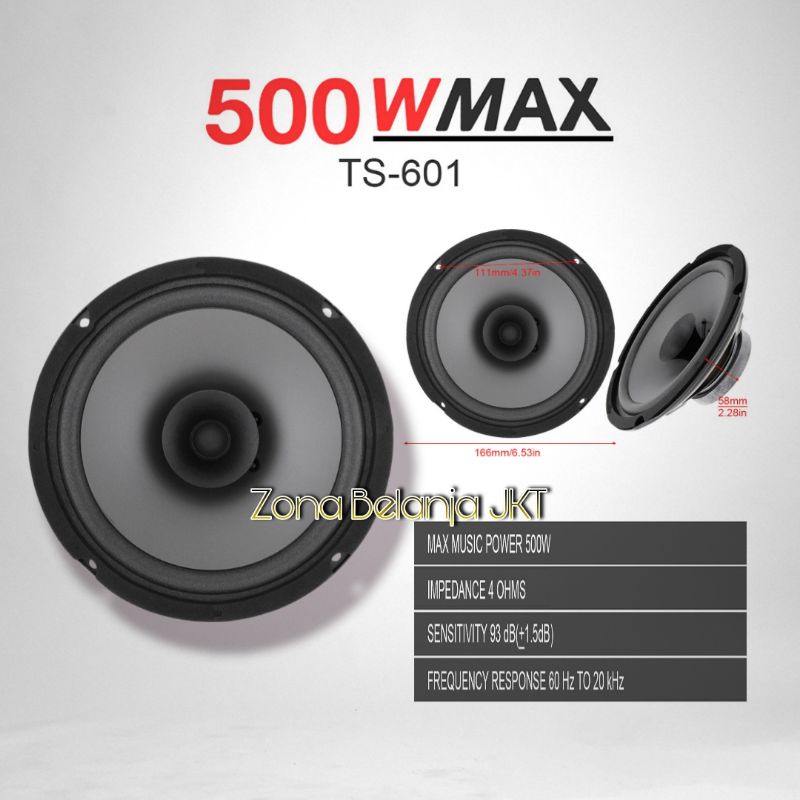 SPEAKER MOBIL 6.5 INCH 500WATT HIFI LOUDSPEAKER DUAL CONE TS-601 CAR SPEAKER WOOFER