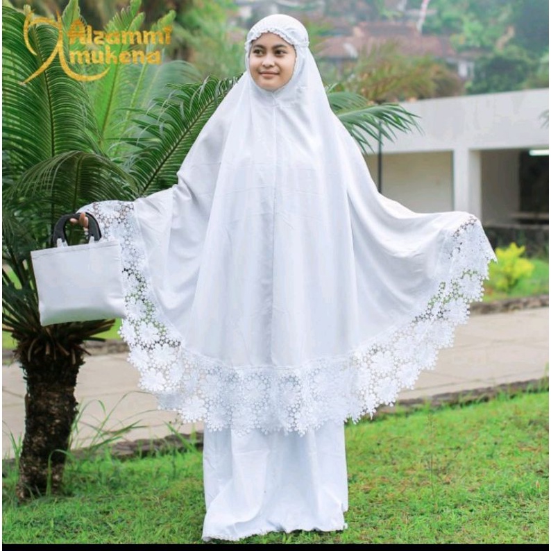 Mukena bordir renda tasik full putih white jumbo alzami