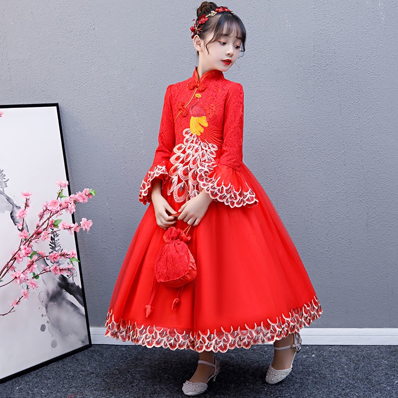 Girls' cheongsam winter dress hanfu chinese style foreign style Plush Princess Dress little girls' T