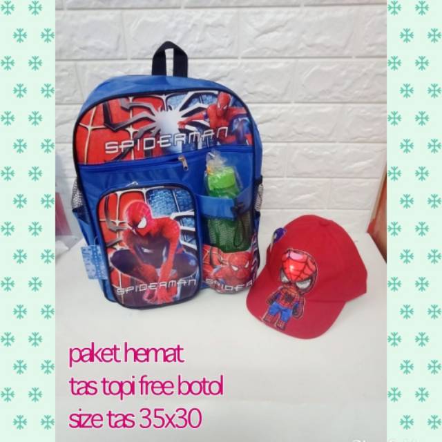 Tas Sekolah Anak Laki-Laki Ransel Spiderman Gratis Botol Minum Plus Topi Led