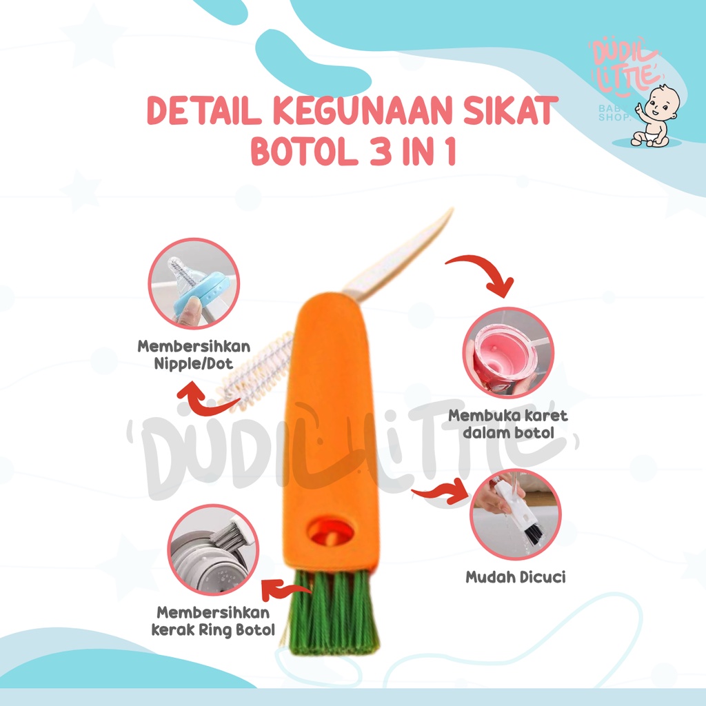 Sikat Cuci Botol 3 in 1 Serbaguna untuk Tutup/Cup Susu/Minum bentuk Wortel Praktis Bergaransi bisa COD