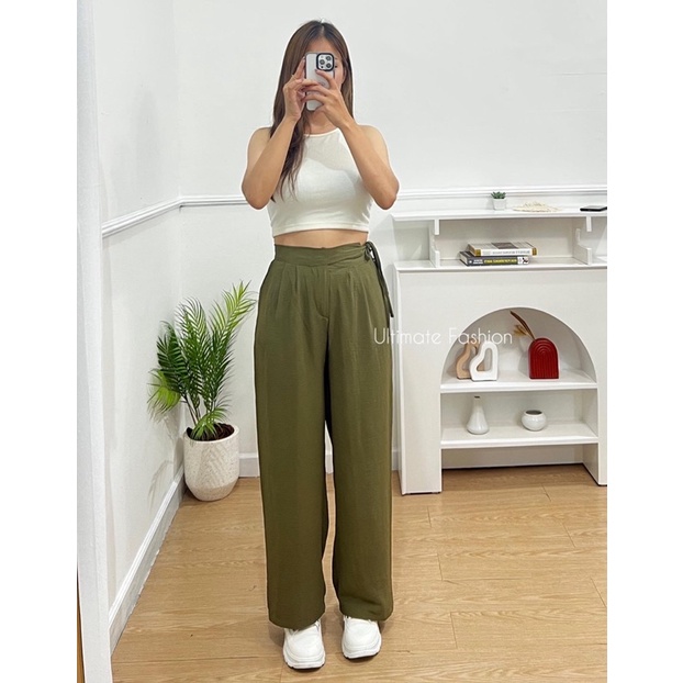 Celana Kulot Crinkle Pants Hikari - Celana Panjang Polos  Wanita Saku Korea Kekinian Terbaru