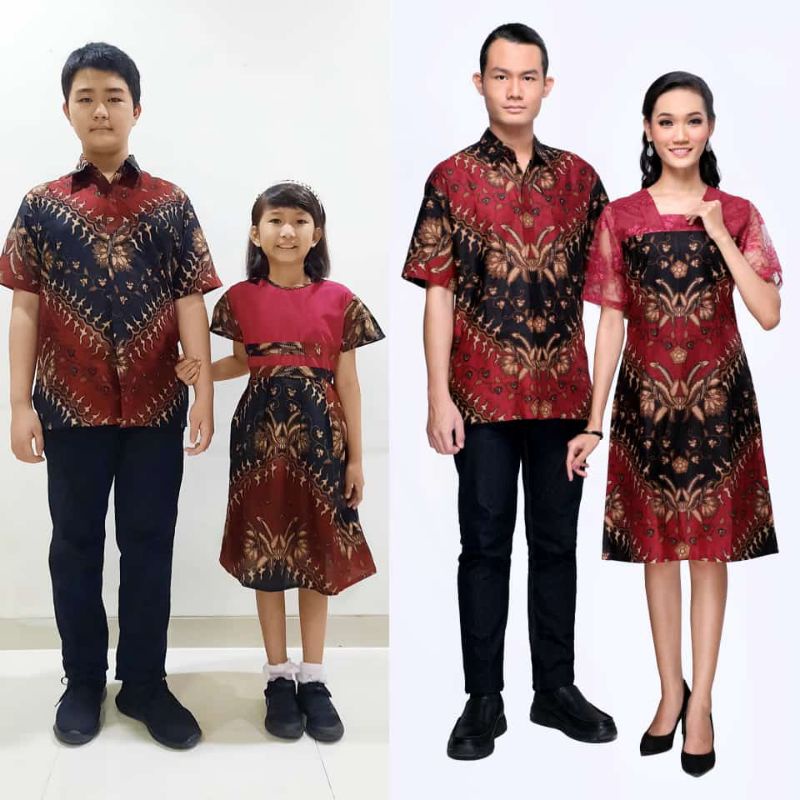 Jual Couple Batik Keluarga Seragam Natal Sarimbit Erina Pola Merah Baju Batikdress Batikkemeja 3735