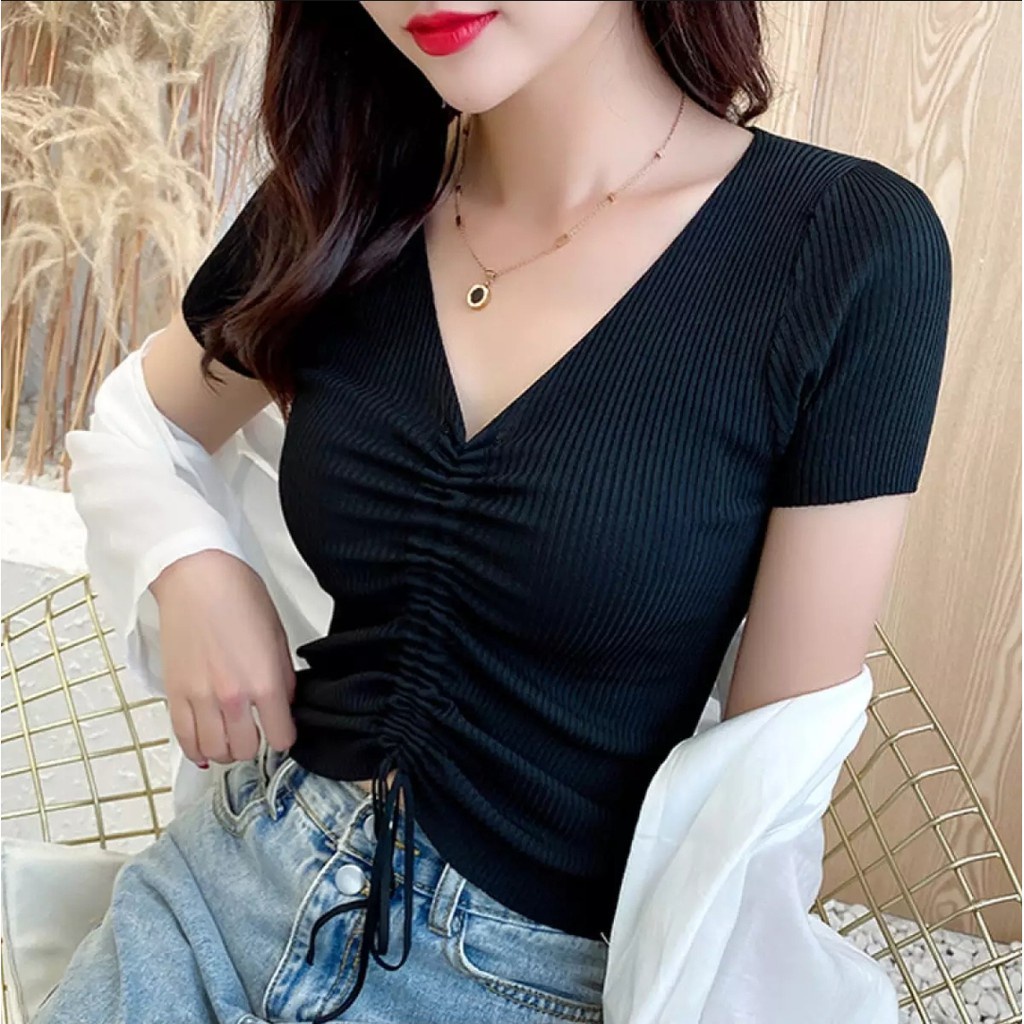 Tq88indonesia Baju Blouse Wanita Terbaru / Villing Serut RIB / Baju Atasan Wanita Kekinian / Blouse Lengan Pendek / Blus / Ootd / Outfit