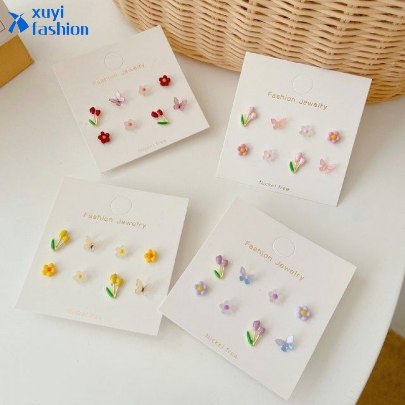 4 Pasang / Set Anting Stud Desain Bunga Butterfly Warna-Warni Gaya Korea Untuk Aksesoris Perhiasan Wanita