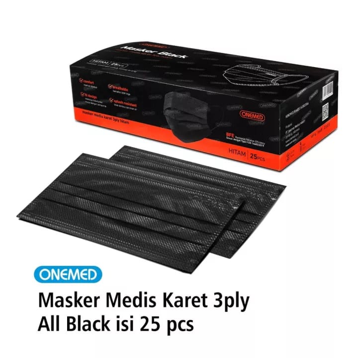 MASKER KARET MEDIS 3PLY ALL BLACK ONEMED BOX ISI 25 / MASKER BLACK / MASKER HITAM